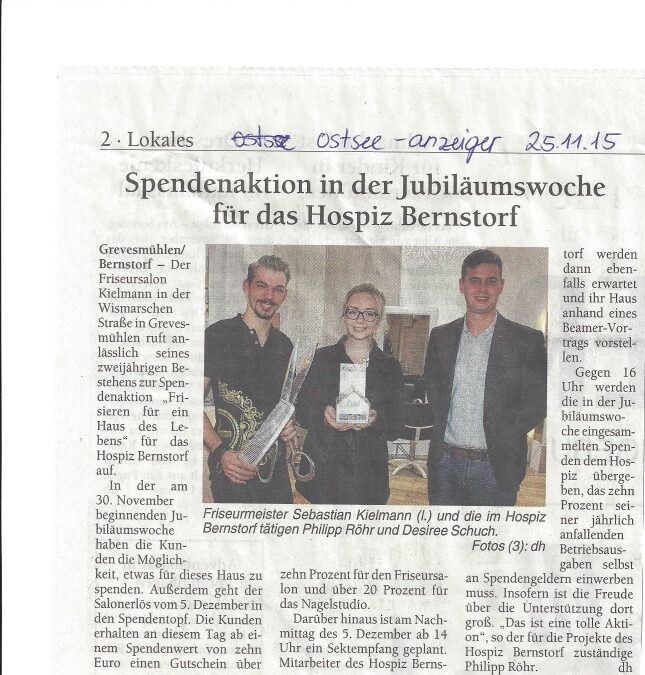 Spendenaktion in der Jubiläumswoche für das Hospiz Bernstorf
