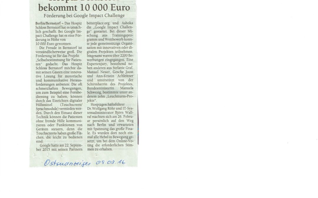 Hospiz Bernstorf bekommt 10000 Euro
